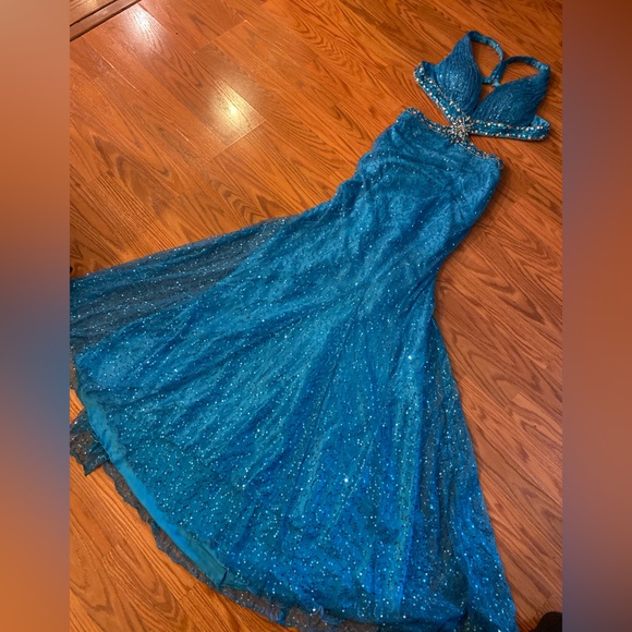 Vintage Y2K Dress Sequin Beaded Gown Slip Dress Cut Out Prom Dress Backless Blue - Picture 12 of 16